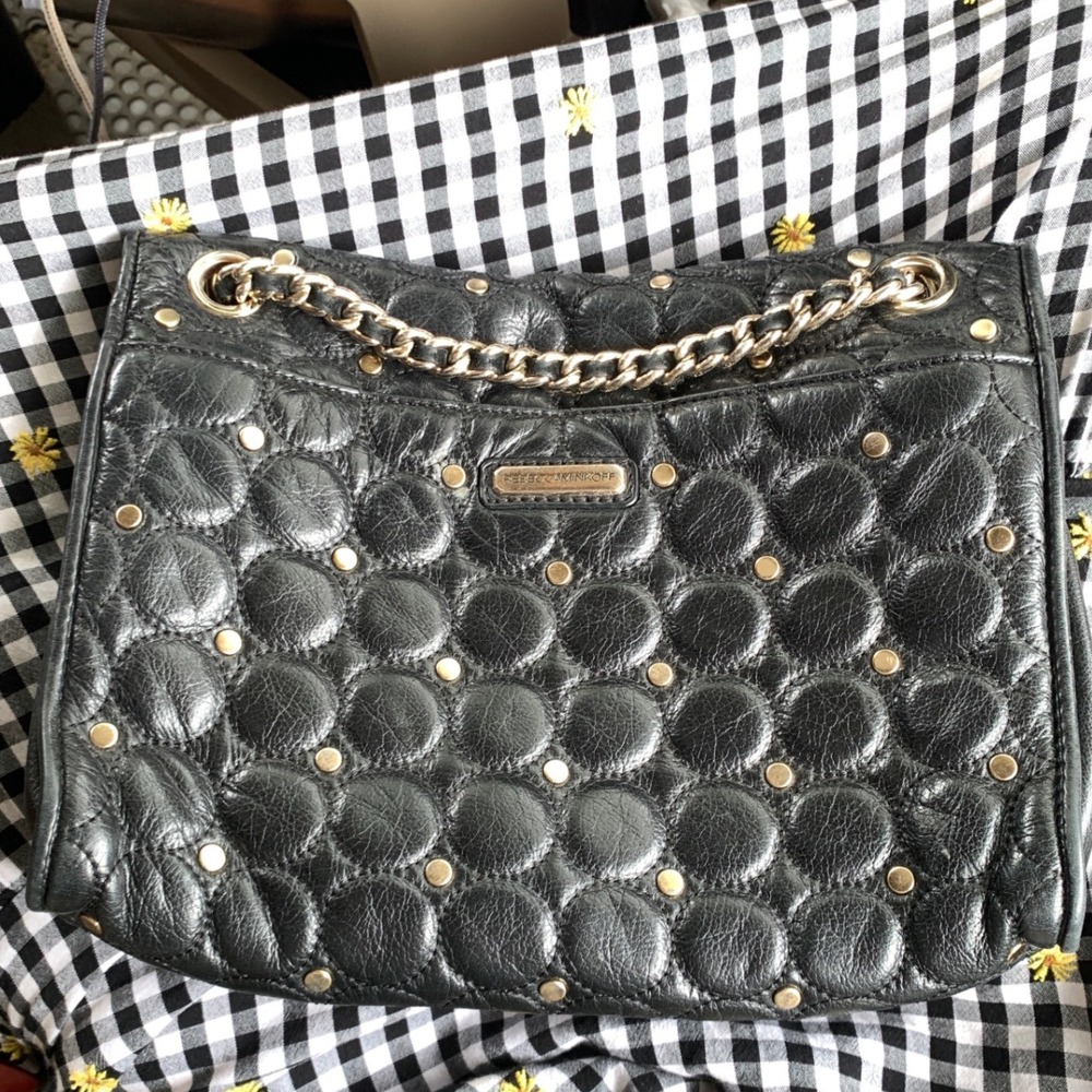 Rebecca Minkoff Black Quilted Leather Studded Chain Shoulder Bag Bubble Quilt